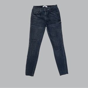 Zara Premium Denim Charcoal Distressed Cropped Raw Hem Embroidered Side Jeans